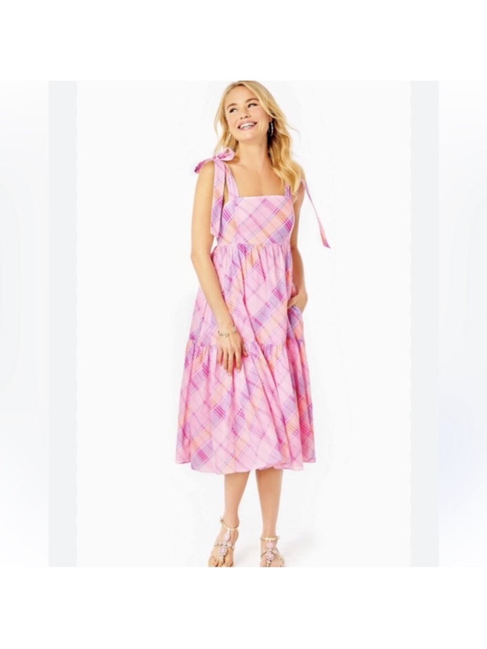 Lilly Pulitzer Pink Madras Plaid Tie-Shoulder Anlee Midi Dress